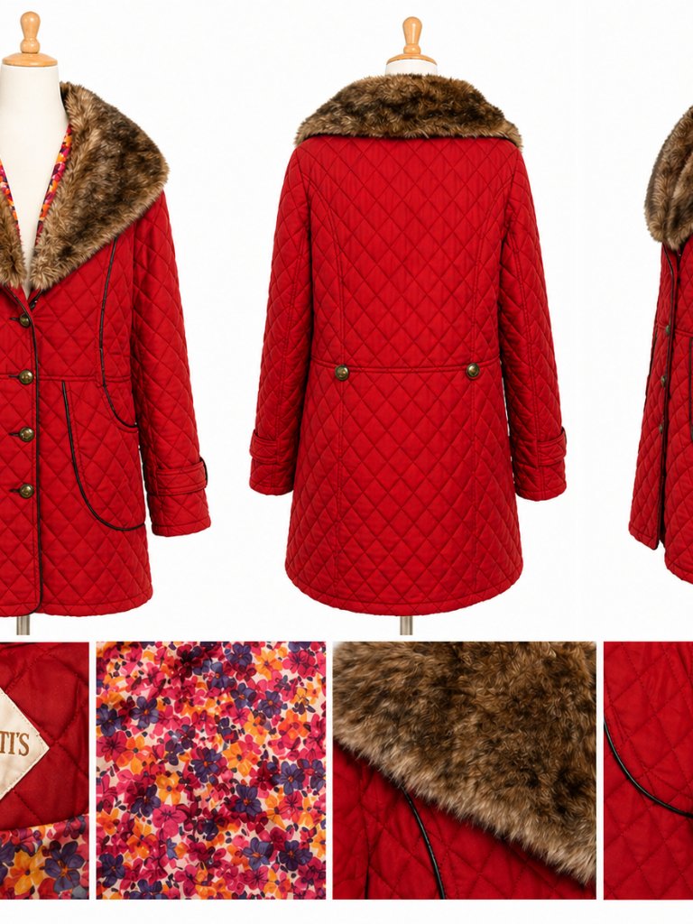 Spaghetti Spain Red Quilted Coat Faux Fur Collar Floral Lining Women’s Size L